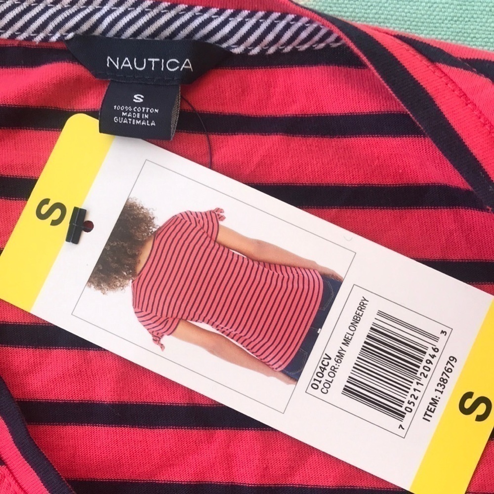 Nautica Melonberry Stripe Tie Sleeve Tee Shirt NWT Small - Picture 8 of 12